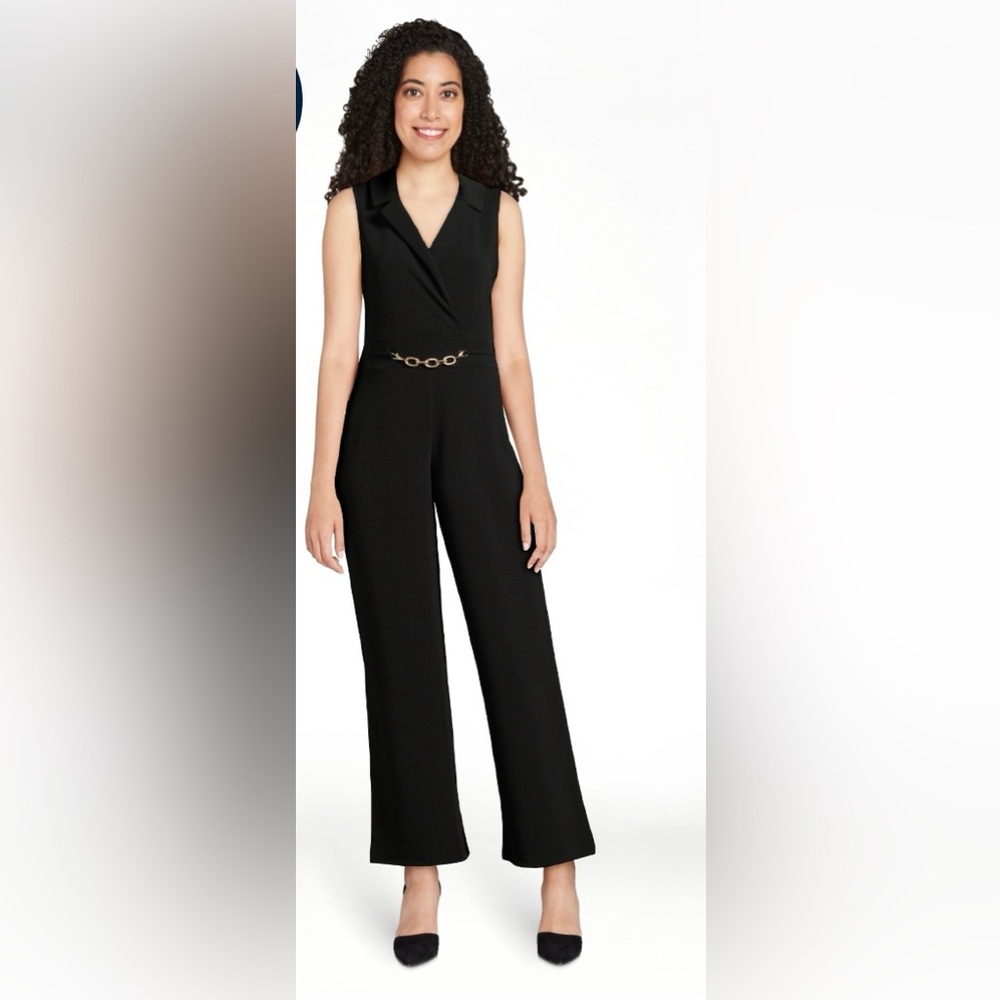 NWT No BoundariesJumpsuit notch collar, gold-tonechain wide-leg touch of stretch